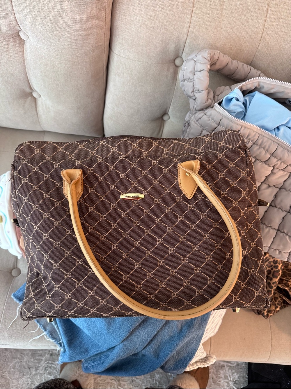 Pierre Cardin Brown Logo Tote with Tan Handles